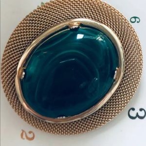 Green Malachite Brooch goldtone woven mesh frame
